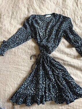 Faithful the Brand Blue Floral Long Sleeve Mini Dress Tie Waist Boho